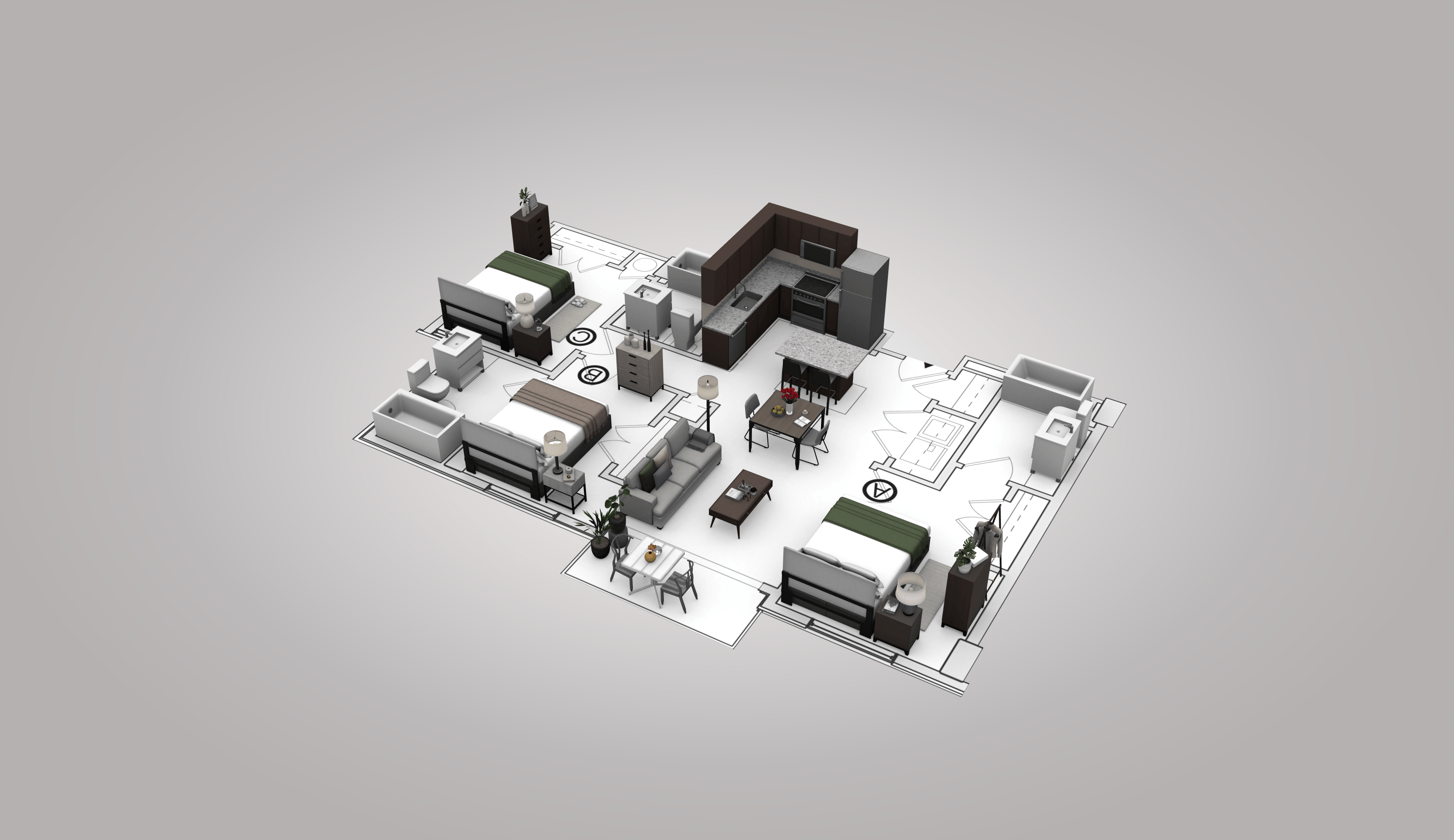 Floor plan for 3 beds, 3 baths, 1000 sqft